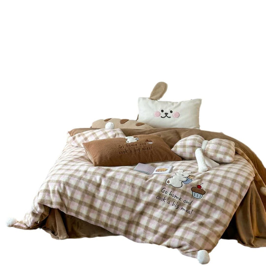 Unisex Wendebettwäsche-Set Kariert mit Teddy-Applikation und Pompon-Ecken 5