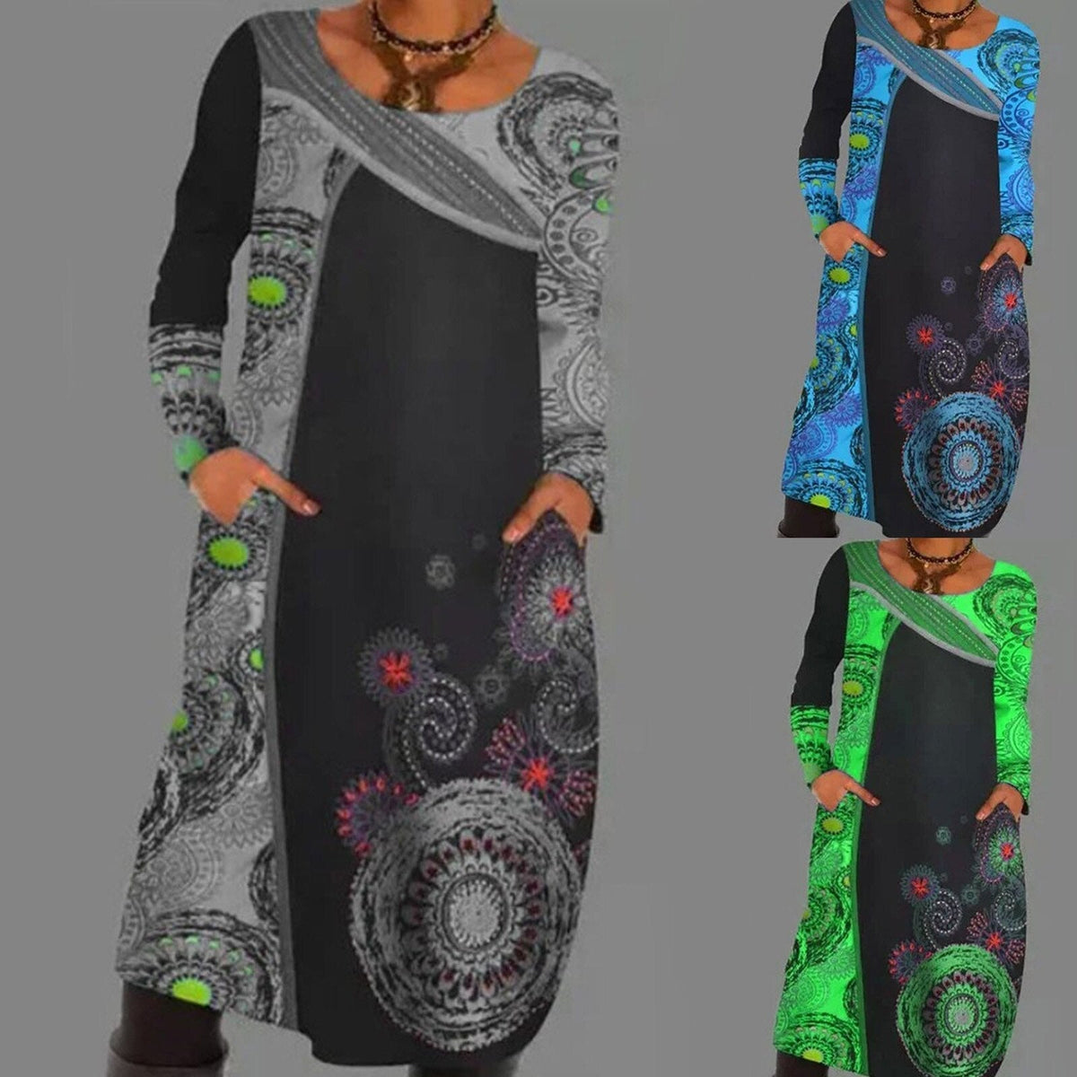 Vintage Print Pullover Kleid Mit Taschen