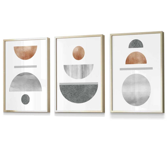 Wandkunst Set für modernes Wohndesign im Mid-Century Stil – 3-teiliges geometrisches Set mit Kupfer- und Grautönen 1
