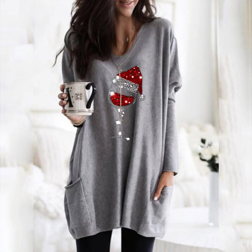 Wein & Weihnachtsmannmütze Lässiger Pullover Für Frauen