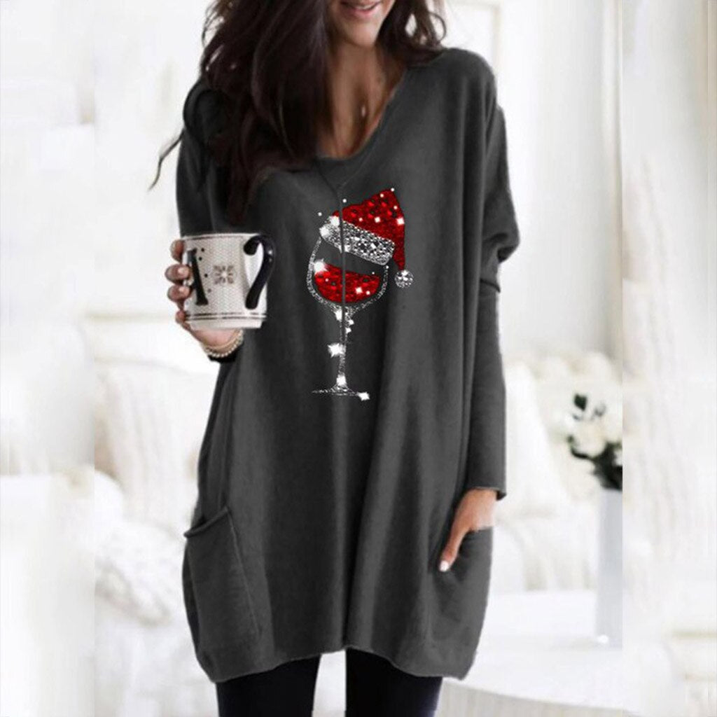 Wein & Weihnachtsmannmütze Lässiger Pullover Für Frauen