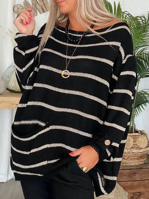 Damenpullover Gestreift Langarm Bequem Acryl-Polyester-Mischung-3