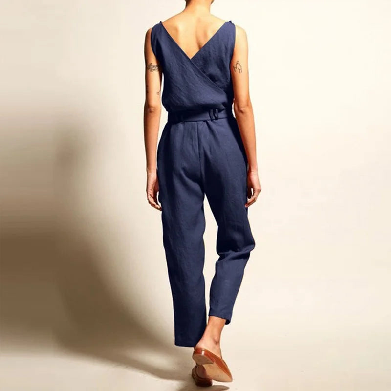 Damen Jumpsuit Elegant Luftig Leinen mit Verstellbarem Gürtel für Sommer-2