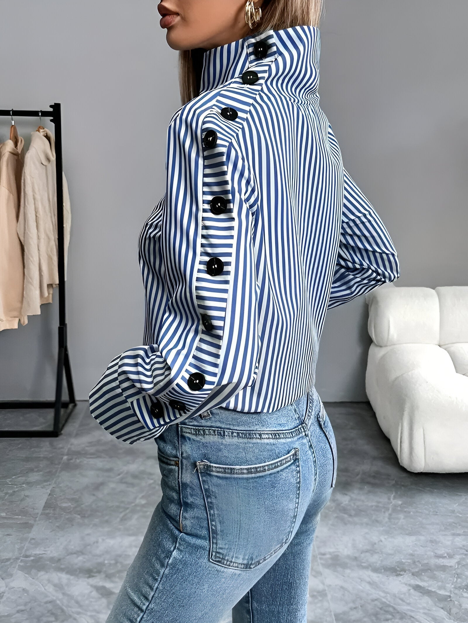 Damen Langarmshirt Hoher Kragen Streifen Baumwolle Modernes Design-5