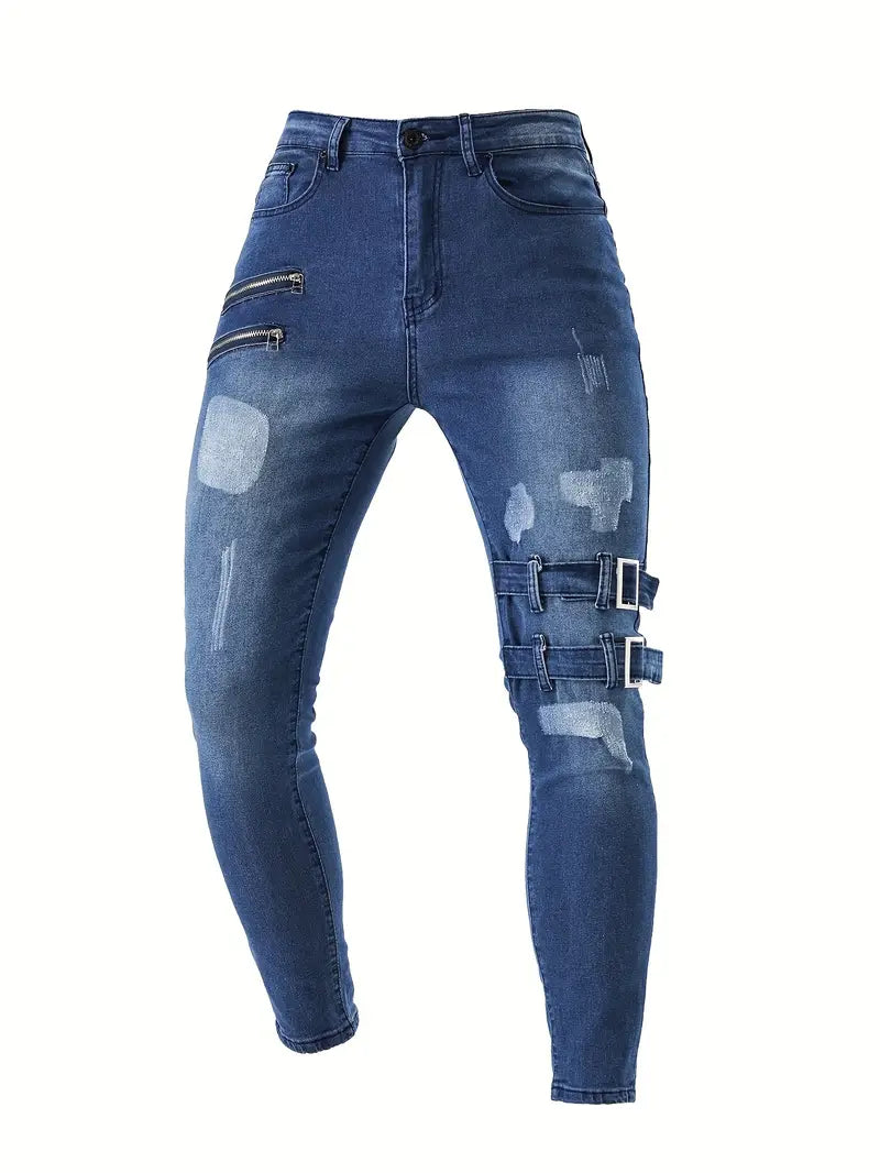Variant image for Herren Bikerjeans Lässig Gestepptes Denim mit Reißverschlüssen-14
