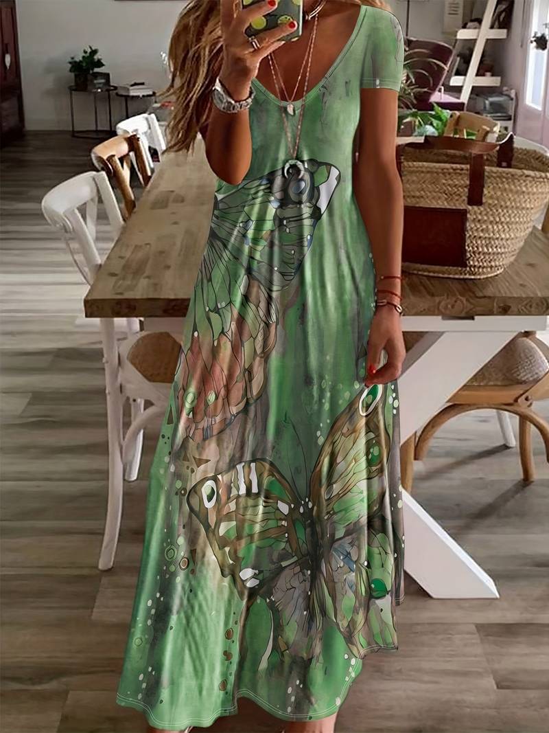 Variant image for Damen Kleid V-Ausschnitt Schmetterlingsdruck Leicht Polyester für Sommerveranstaltungen-41