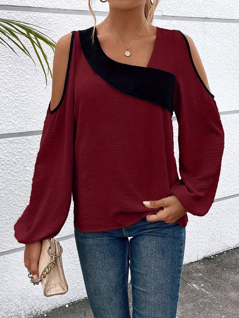 Damenbluse Farbblockdesign Quadratischer Ausschnitt Langarm Elegante Bluse für Festliche Anlässe-5