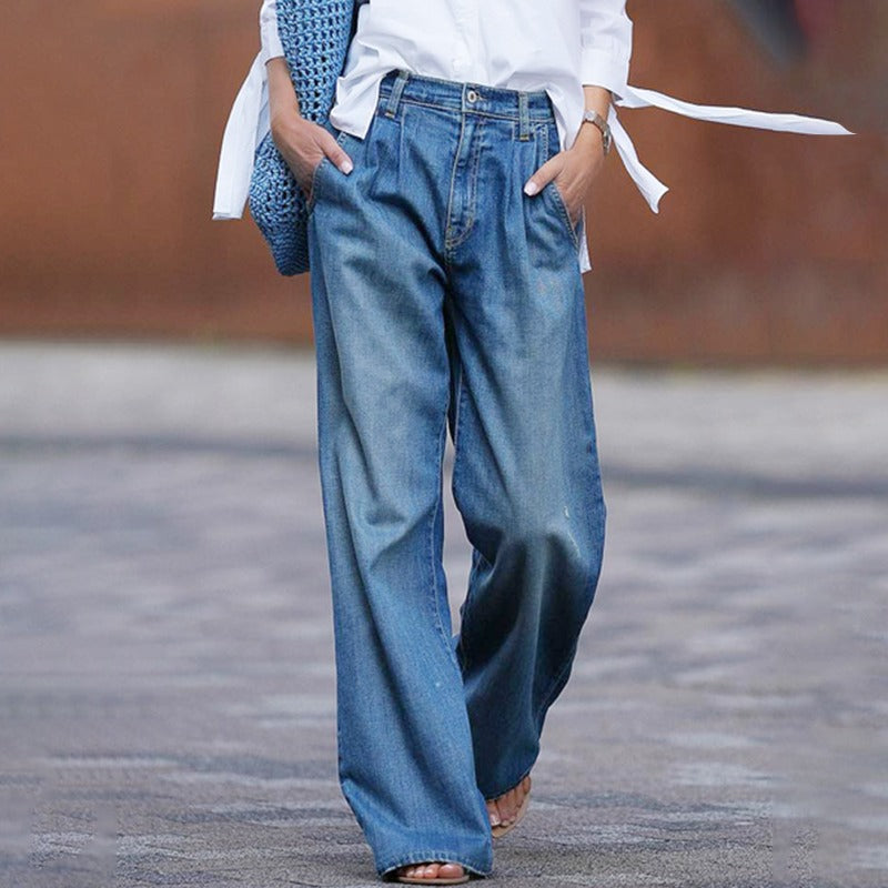 Damen Jeans Weit Geschnitten Aus Denim Bequem Blau-1