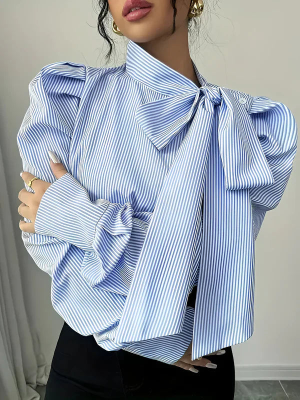 Damen Hemdbluse Gestreift mit Schleifendetail aus Baumwolle-5
