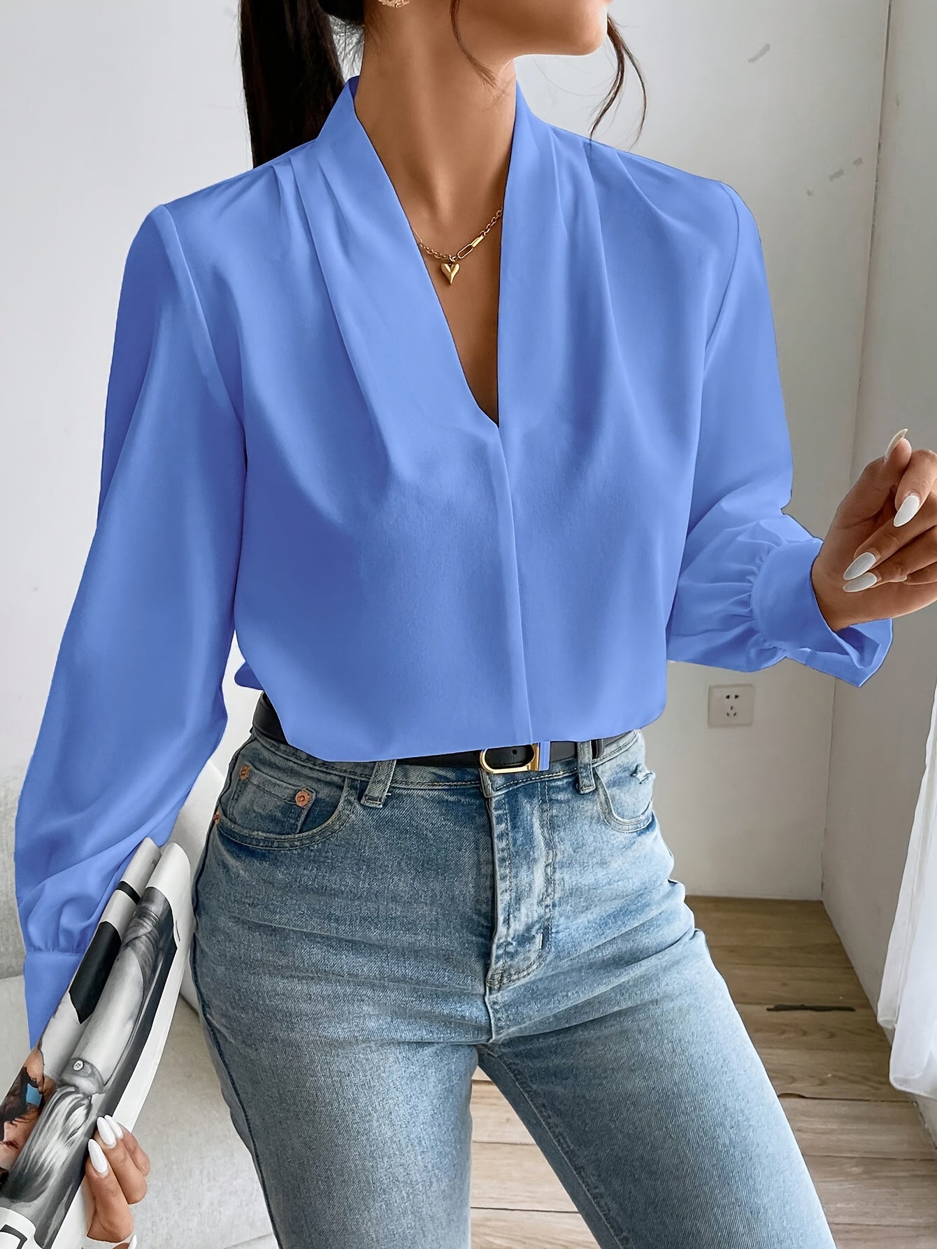 Damenbluse Schwarz V-Hals Elegant Polyester Bequem-1