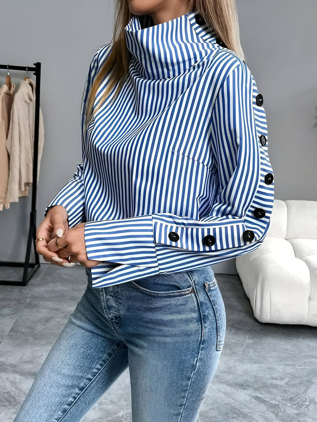 Damen Langarmshirt Hoher Kragen Streifen Baumwolle Modernes Design-6