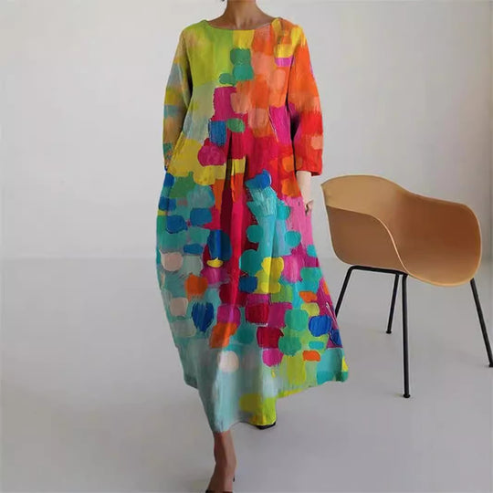 Damen Kleid Bunt Bedruckt Leinen Stil