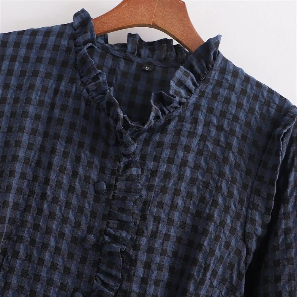 Karierter Damenoverall mit Puffärmeln