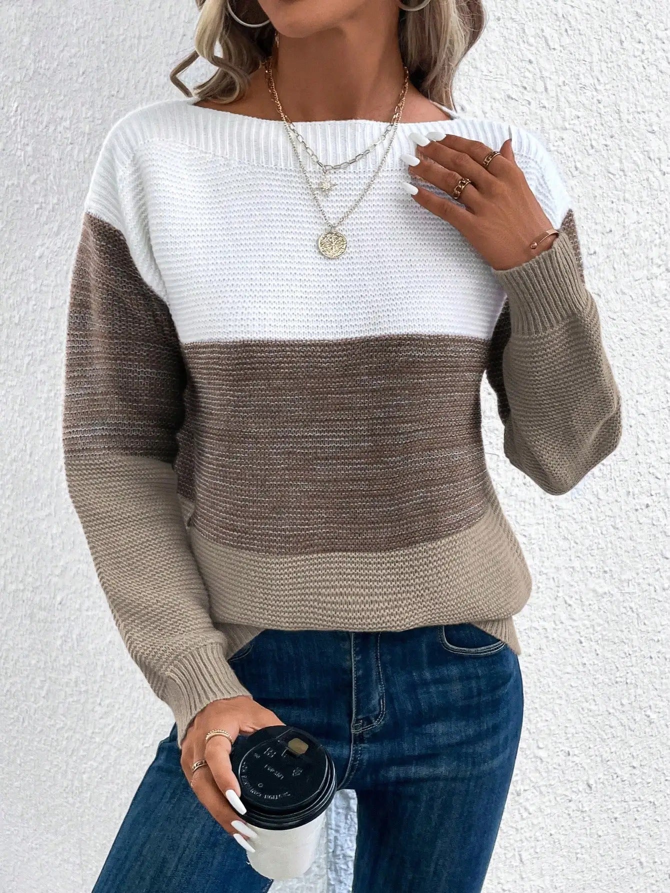 Dreifarbiger Patchwork-Pullover für Frauen