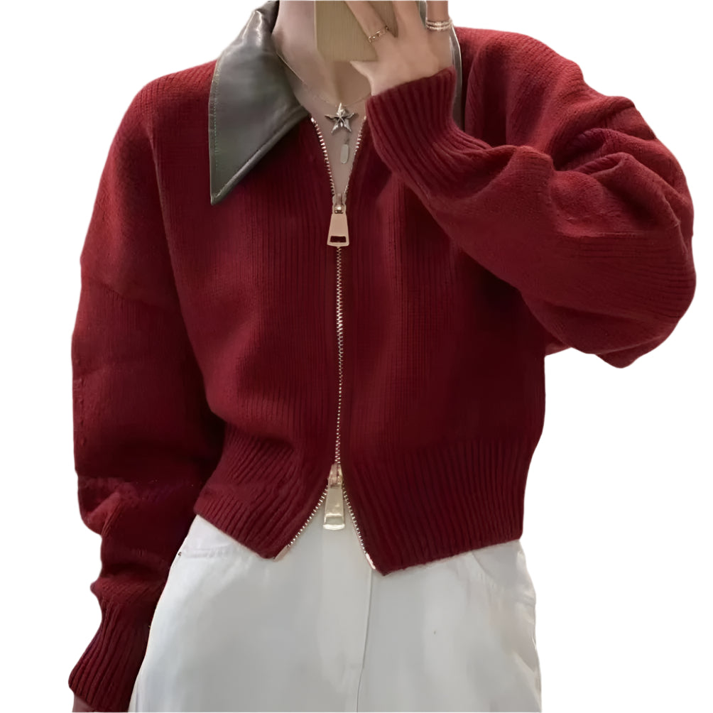 Strickpullover mit Ledercollier für Damen