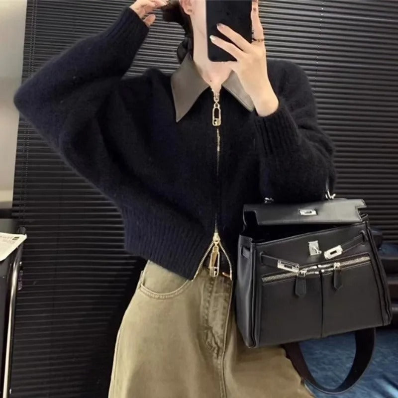 Strickpullover mit Ledercollier für Damen