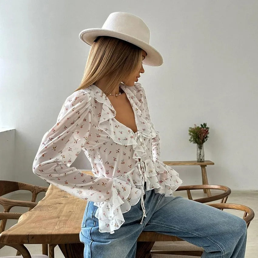 Damenbluse mit V-Ausschnitt und Chiffon-Print