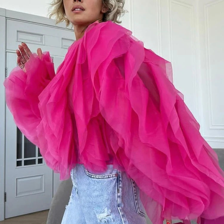 Damen-Shirt mit O-Ausschnitt und Rüschen