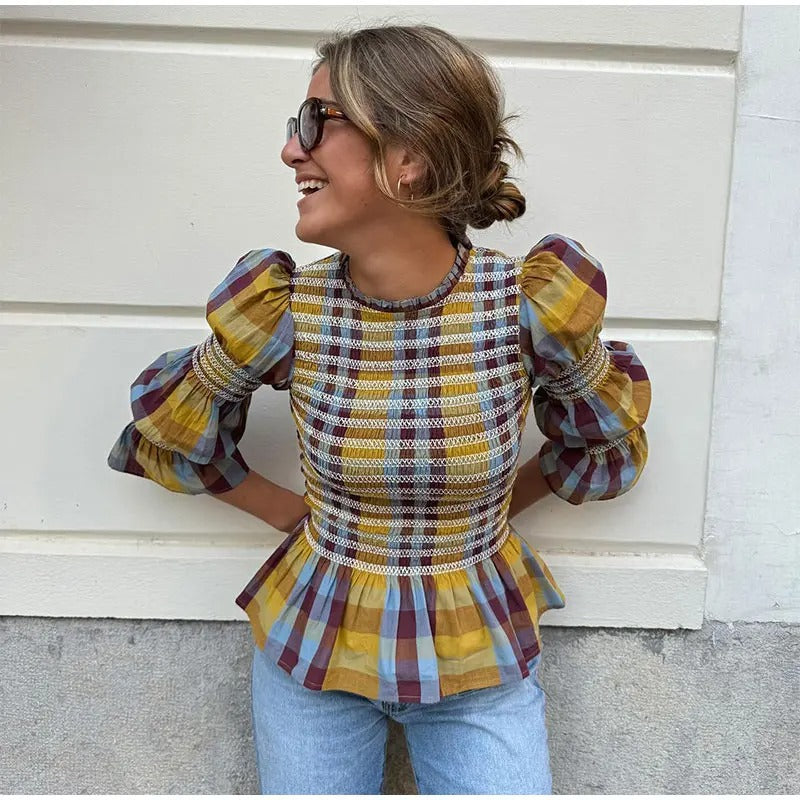 Damen kariertes T-Shirt mit Puffärmeln