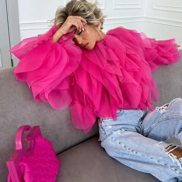 Damen-Shirt mit O-Ausschnitt und Rüschen