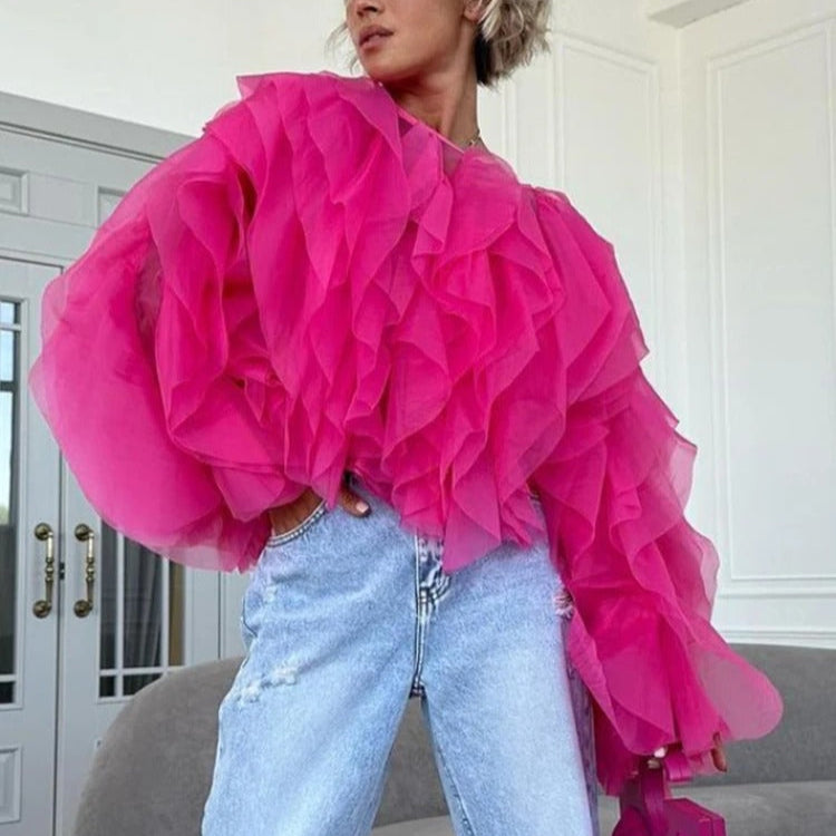 Damen-Shirt mit O-Ausschnitt und Rüschen