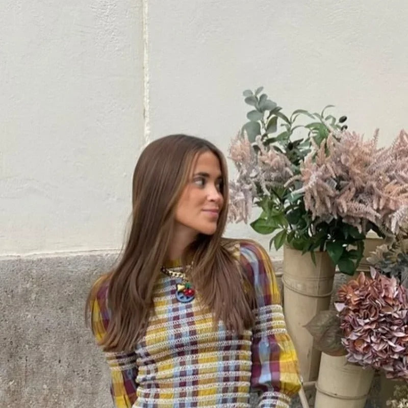 Damen kariertes T-Shirt mit Puffärmeln