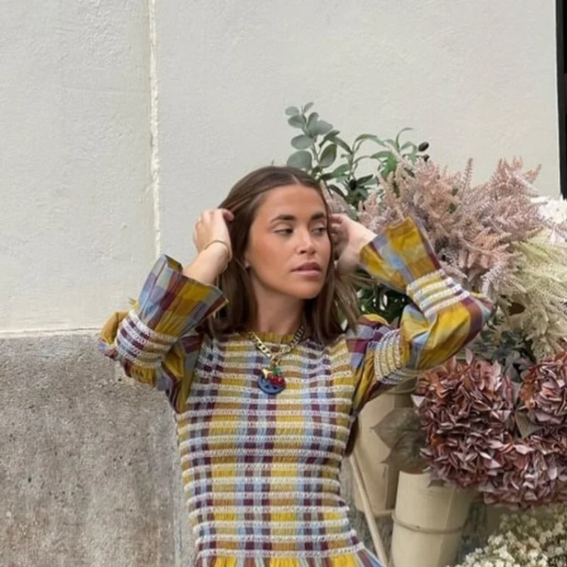 Damen kariertes T-Shirt mit Puffärmeln