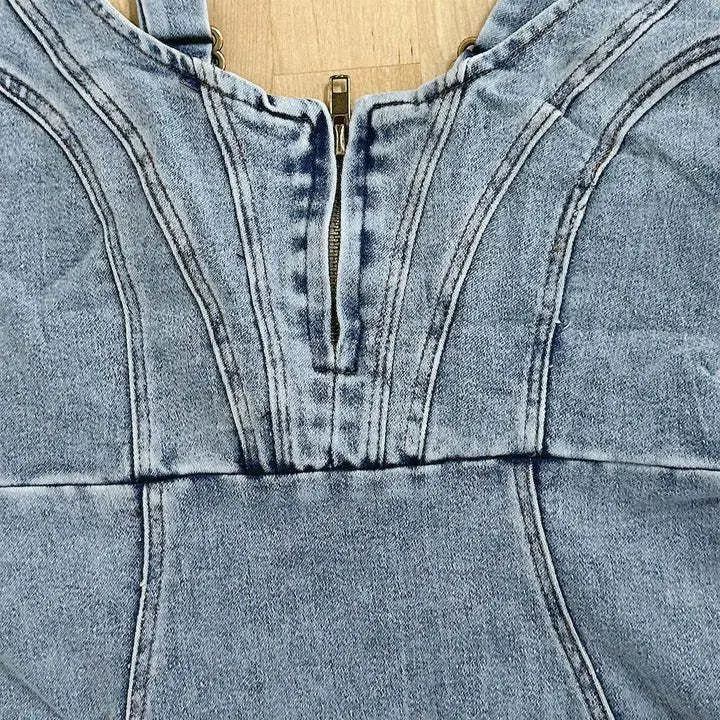 Damen Jeanskleid mit Verstellbaren Trägern Lässig Denim-5
