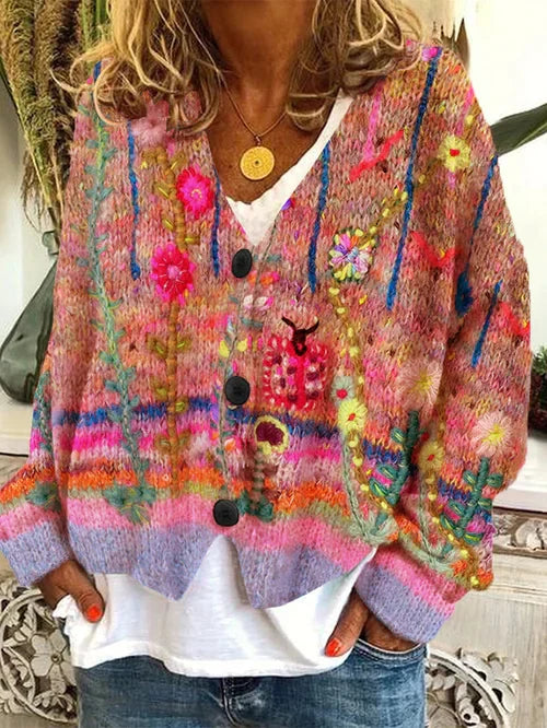 Variant image for Damen Cardigan Retro-Stil Wollflanell mit Verspieltem Print-17