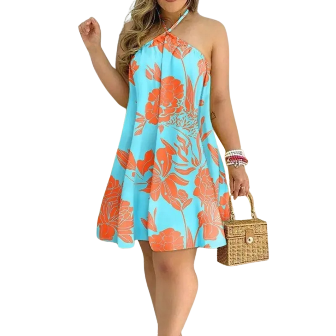 Tropischer Druck Rückenfreies Kleid mit Neckholder