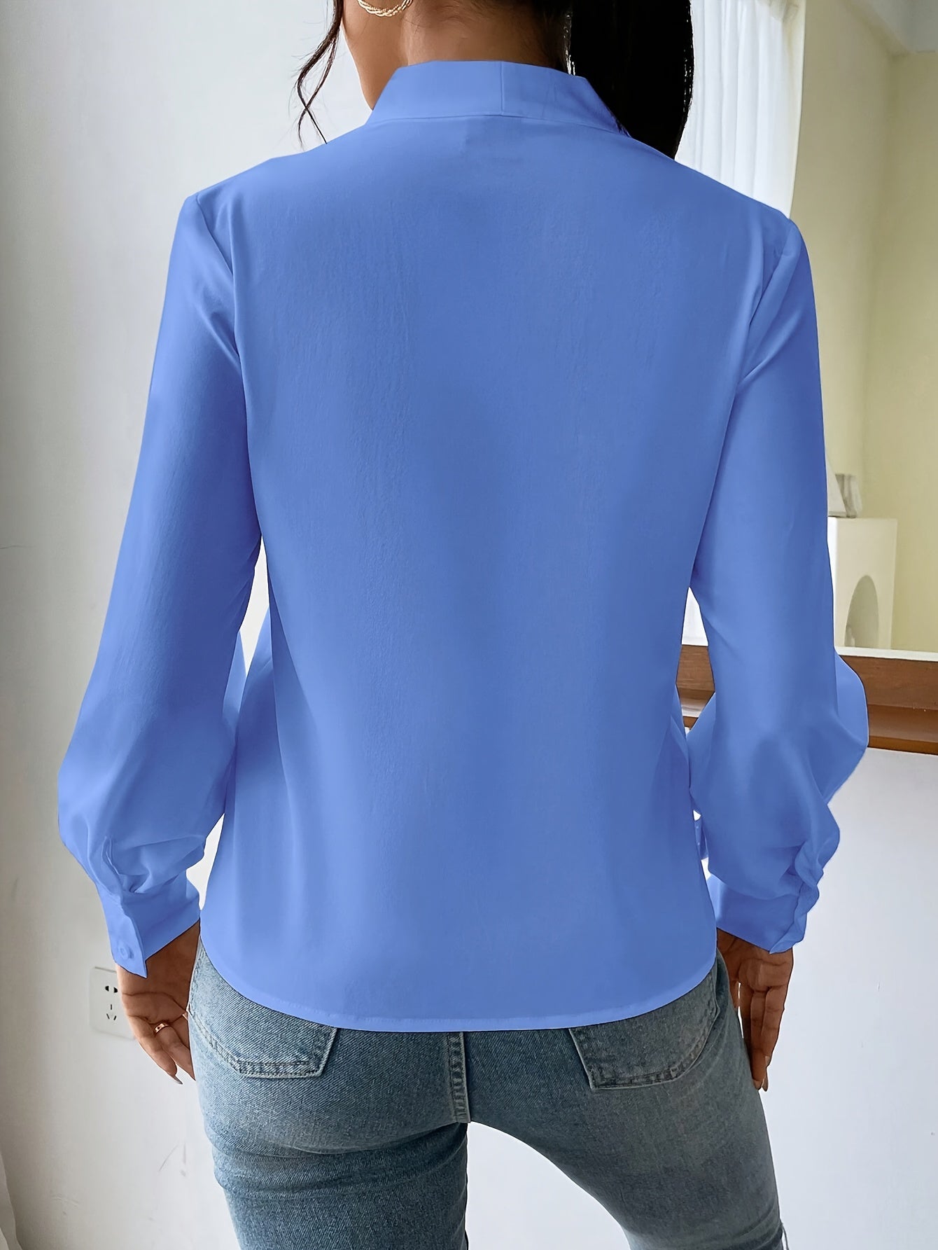 Damenbluse Schwarz V-Hals Elegant Polyester Bequem-3