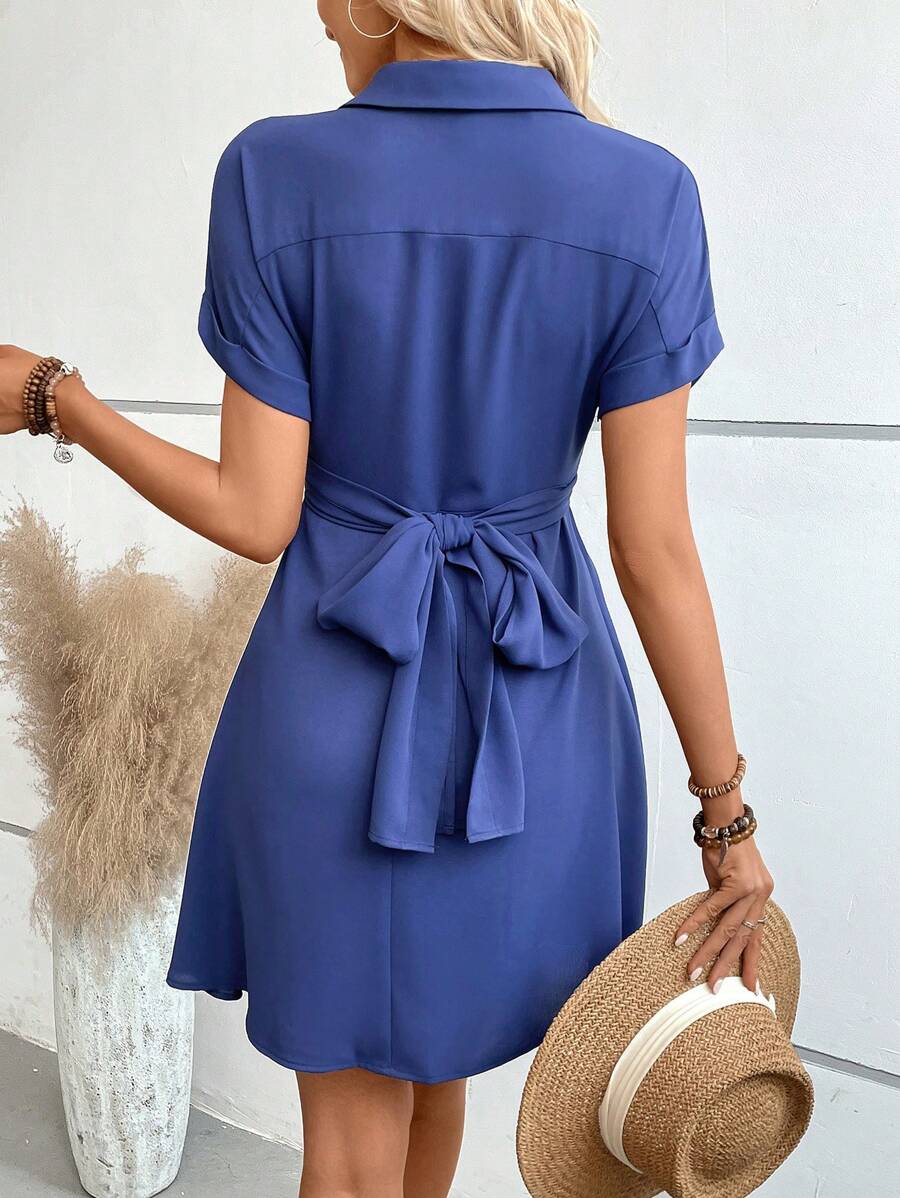 Damen Minikleid Schlicht mit Kragen Kurze Ärmel Hochwertiger Stoff-5