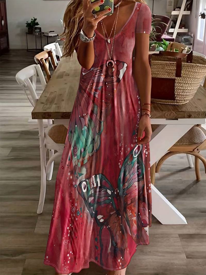 Variant image for Damen Kleid V-Ausschnitt Schmetterlingsdruck Leicht Polyester für Sommerveranstaltungen-33
