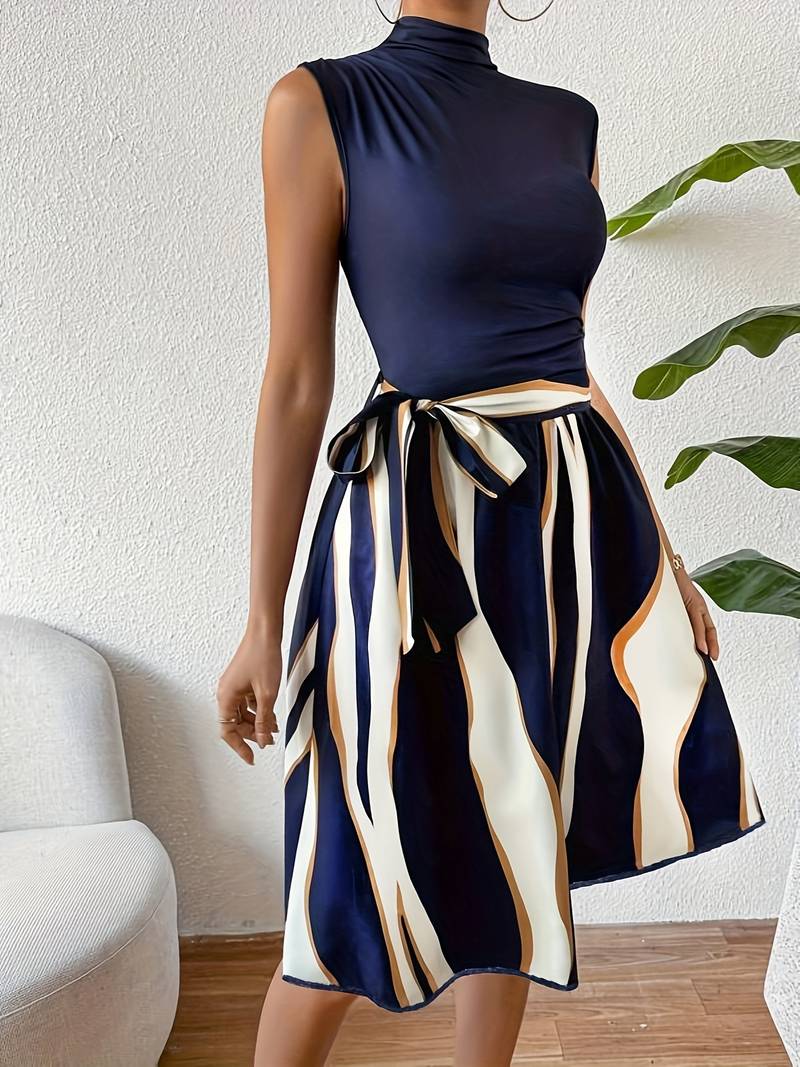 Damen Patchwork Kleid Mit Gürtel Streifendruck Baumwollmischung-4