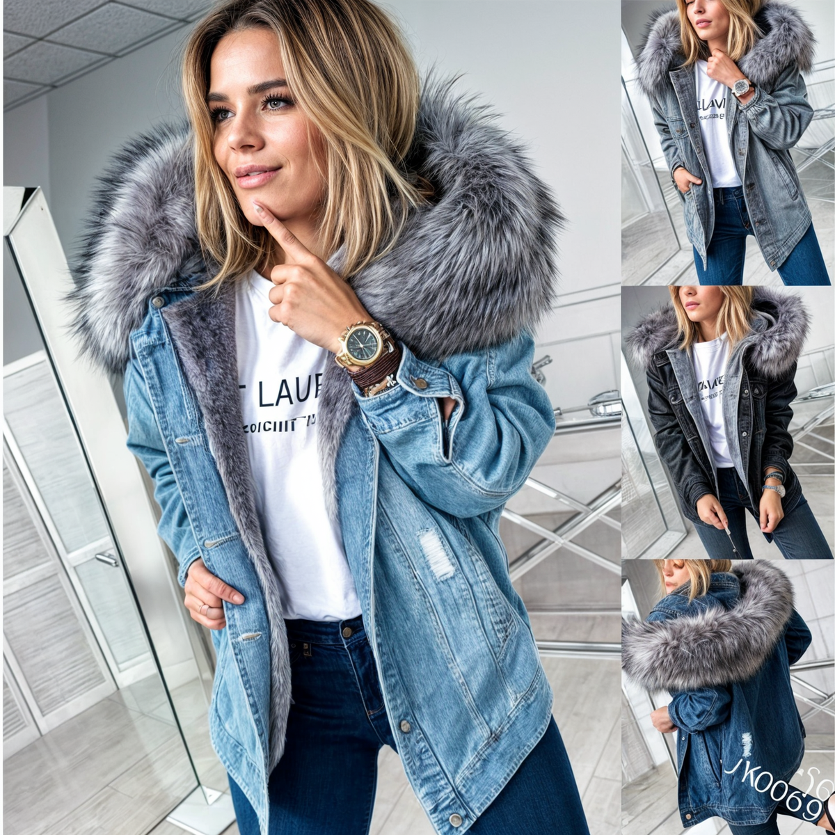 Damen-Jeansjacke mit Fellkragen