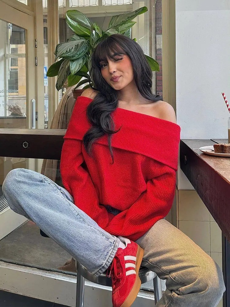 Off-Shoulder-Strickpullover für Frauen