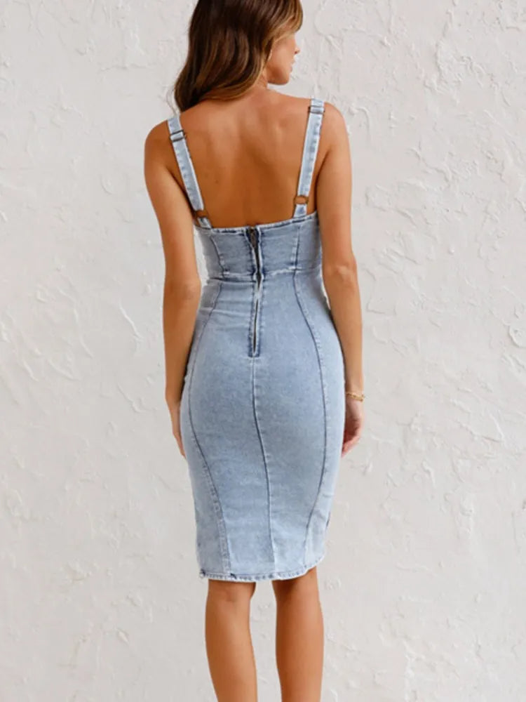 Damen Jeanskleid mit Verstellbaren Trägern Lässig Denim-6