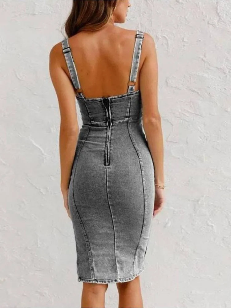 Damen Jeanskleid mit Verstellbaren Trägern Lässig Denim-2