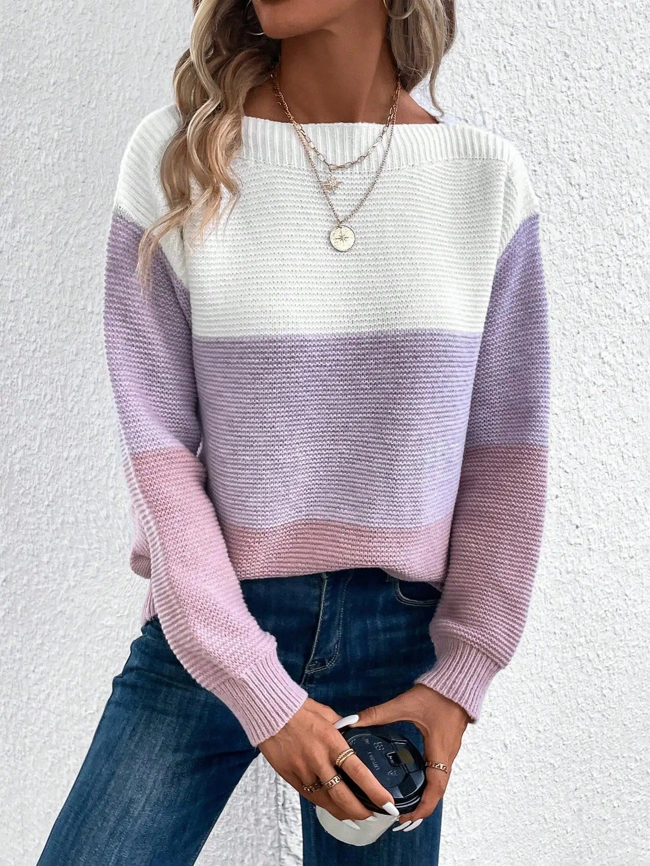 Dreifarbiger Patchwork-Pullover für Frauen