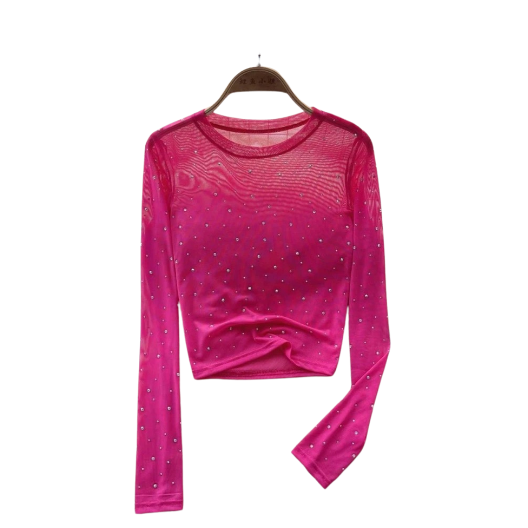 Langärmeliges Damen-Top mit Strassbesatz