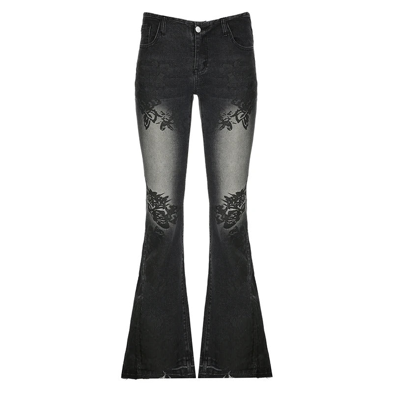 Denim-Hose mit niedriger Taille und Blumendruck
