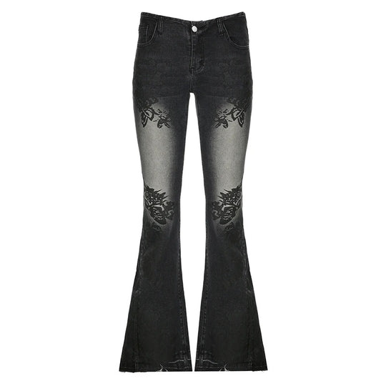 Denim-Hose mit niedriger Taille und Blumendruck