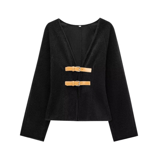 Damen Wollmantel mit Lederschnalle