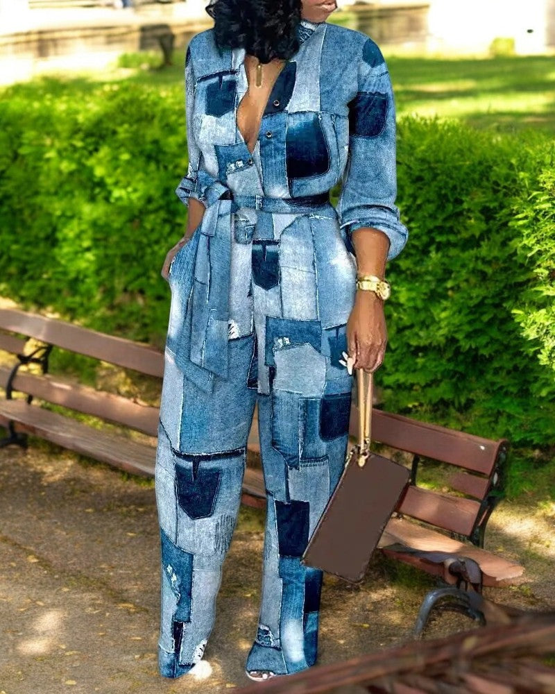 Overall mit modischem Aufdruck, V-Ausschnitt und hoher Taille