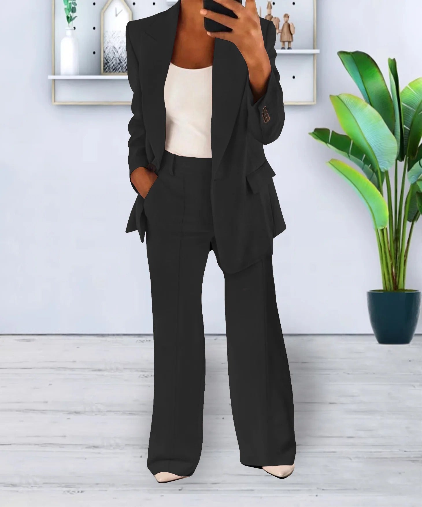 Variant image for Damenanzug Blazer Set Schwarz Elegant Weite Hosen Polyester-16