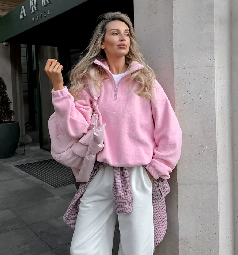 Damenpullover aus Fleece in Rosa mit Reißverschluss