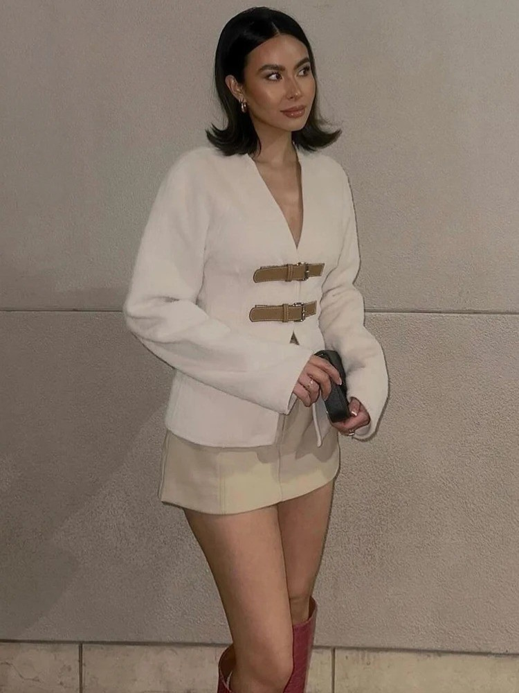 Damen Wollmantel mit Lederschnalle